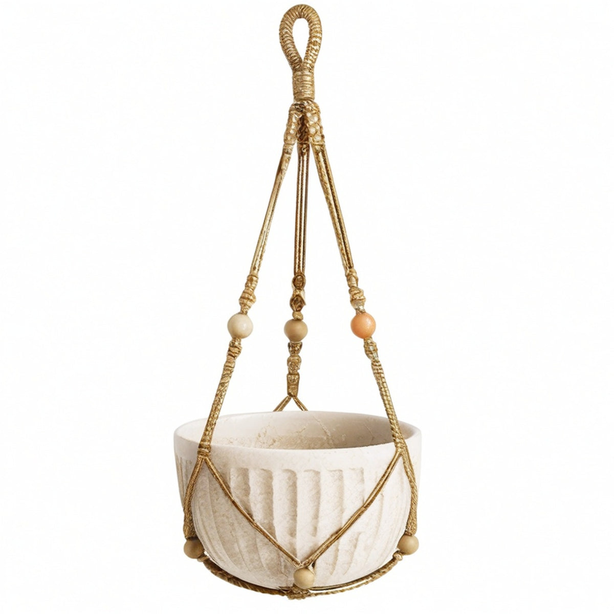 Pot de fleurs suspendu diamètre 18 cm en céramique beige avec suspension tressée