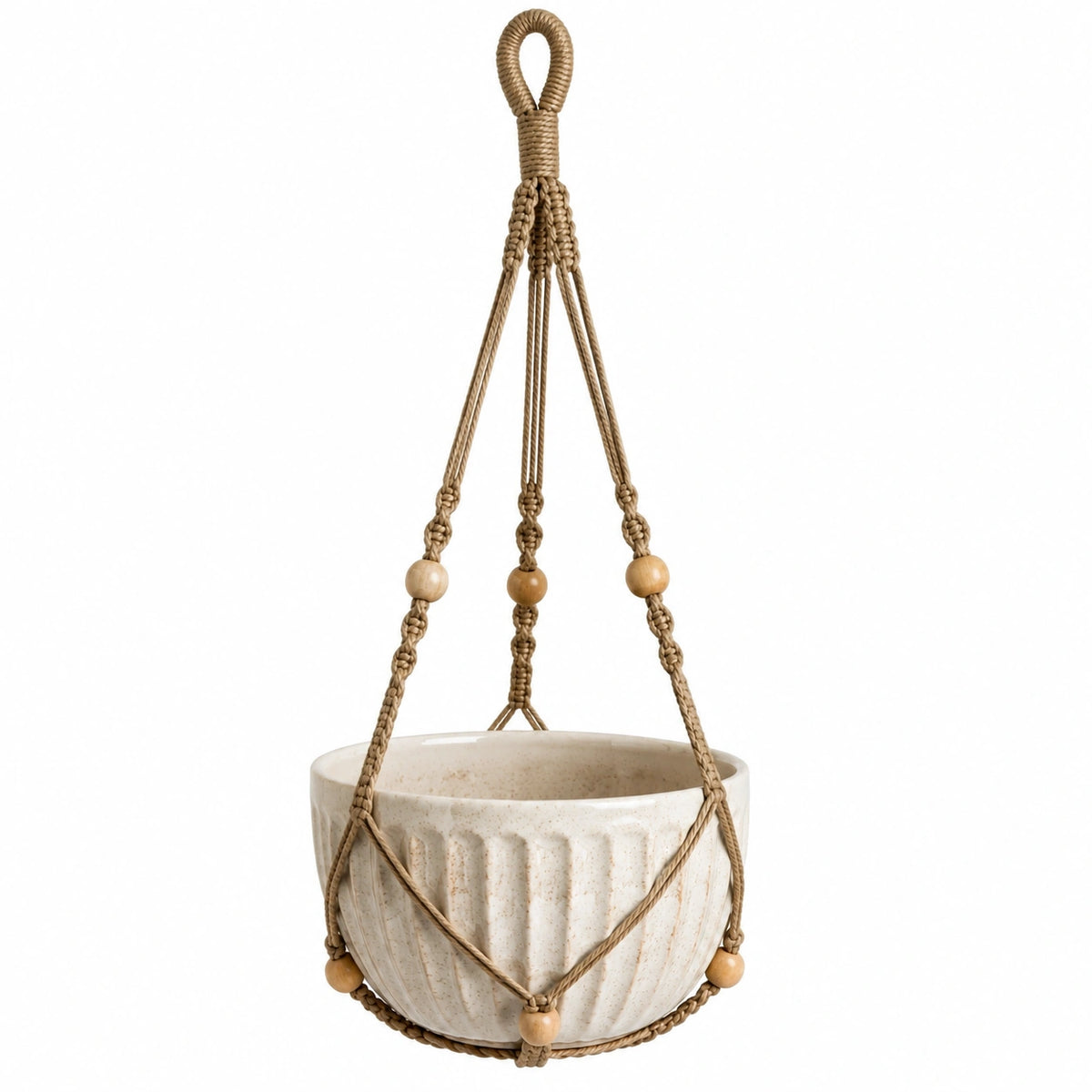 Pot de fleurs suspendu diamètre 18 cm en céramique beige avec suspension tressée