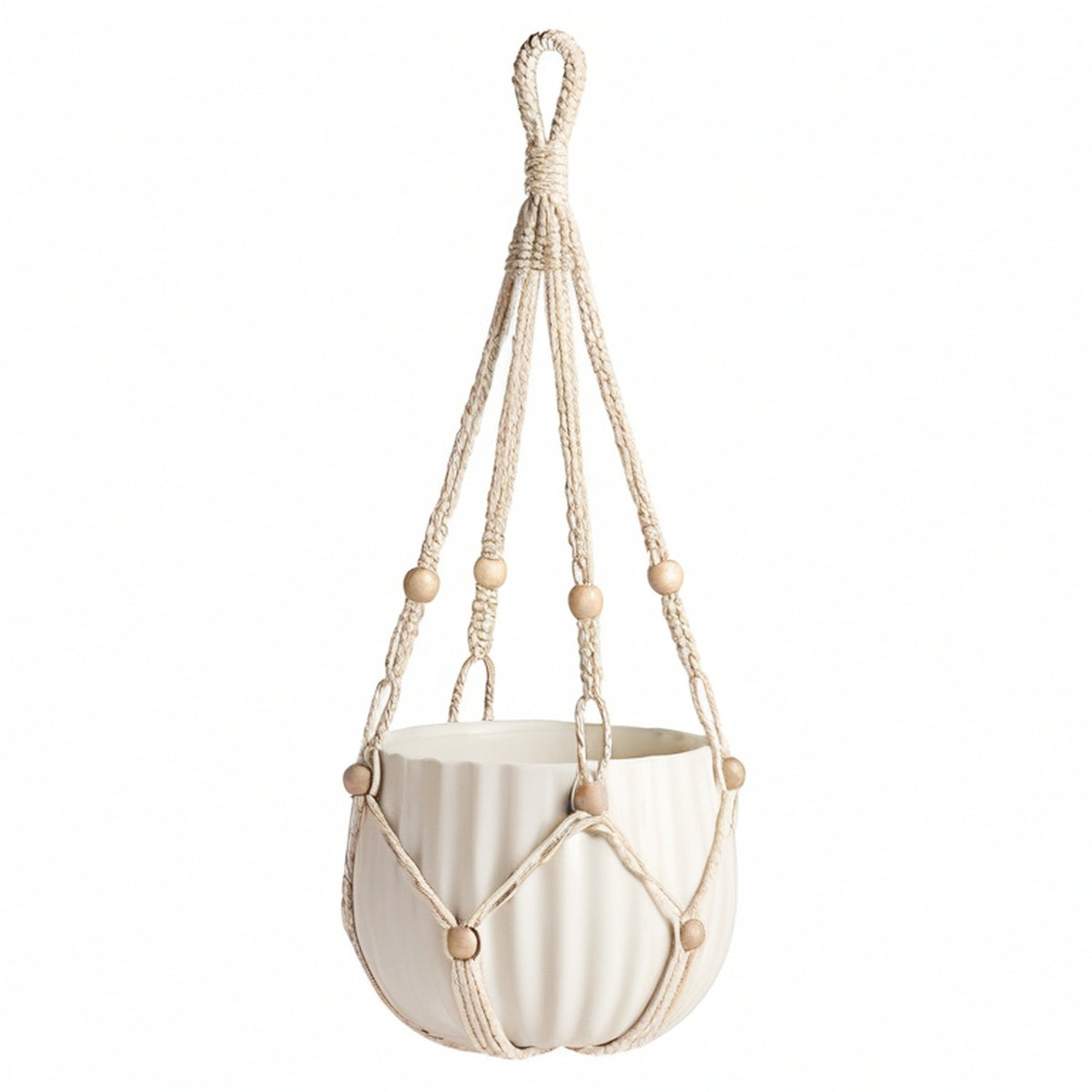 Pot de fleurs suspendu diamètre 18 cm en céramique blanc avec suspension macramé