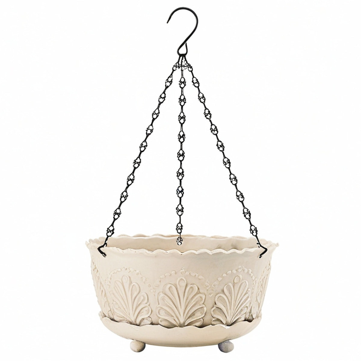 Jardinière suspendue diamètre 30 cm en céramique crème avec chaînes métalliques style floral