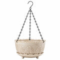 Jardinière suspendue diamètre 30 cm en céramique crème avec chaînes métalliques style floral