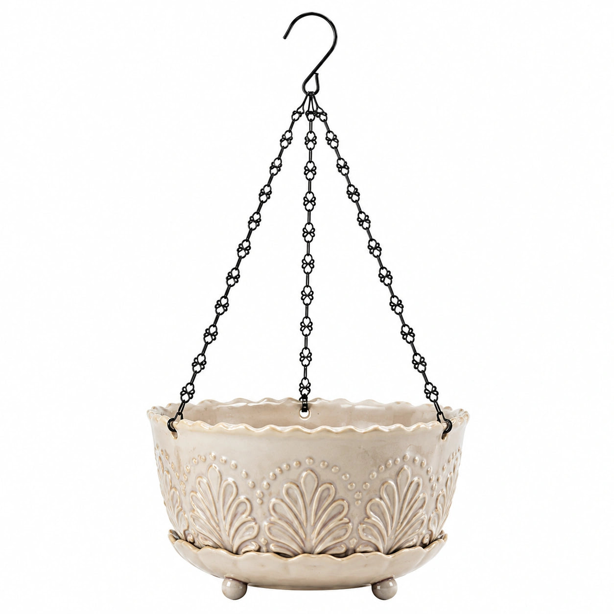 Jardinière suspendue diamètre 30 cm en céramique crème avec chaînes métalliques style floral