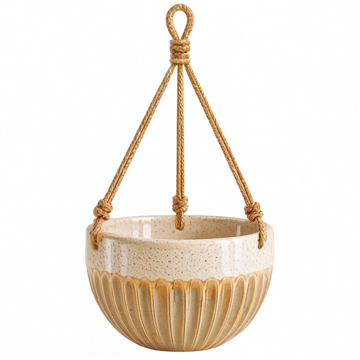 Pot de fleurs suspendu diamètre 20 cm en céramique beige et brun avec corde tressée