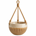 Pot de fleurs suspendu diamètre 20 cm en céramique beige et brun avec corde tressée