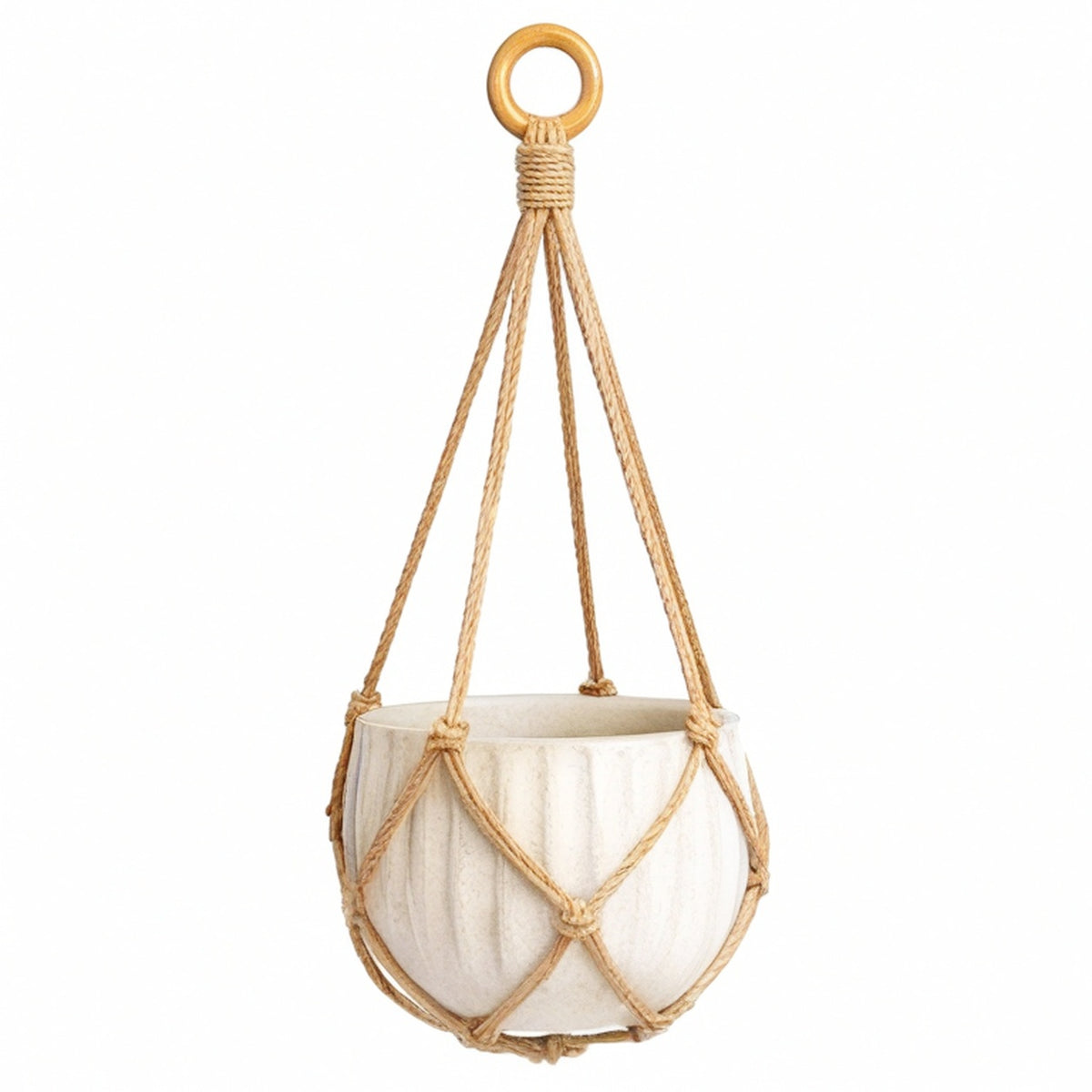 Pot de fleurs suspendu Ø15 cm en céramique beige avec suspension en corde pour intérieur