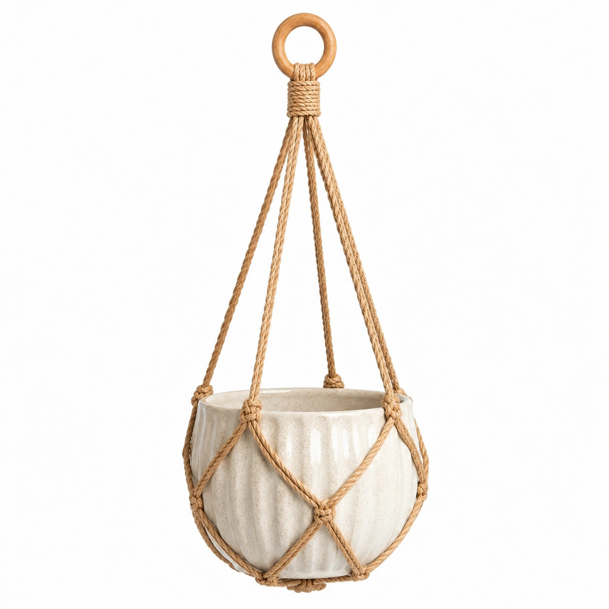 Pot de fleurs suspendu Ø15 cm en céramique beige avec suspension en corde pour intérieur