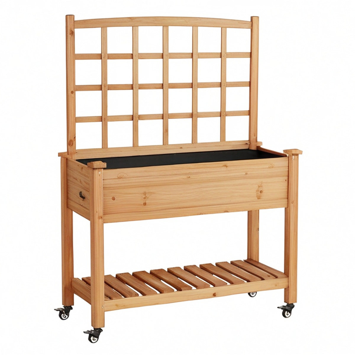 Jardinière surélevée 100 cm en bois marron avec treillis roulettes et étagère