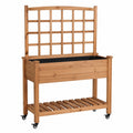 Jardinière surélevée 100 cm en bois marron avec treillis roulettes et étagère