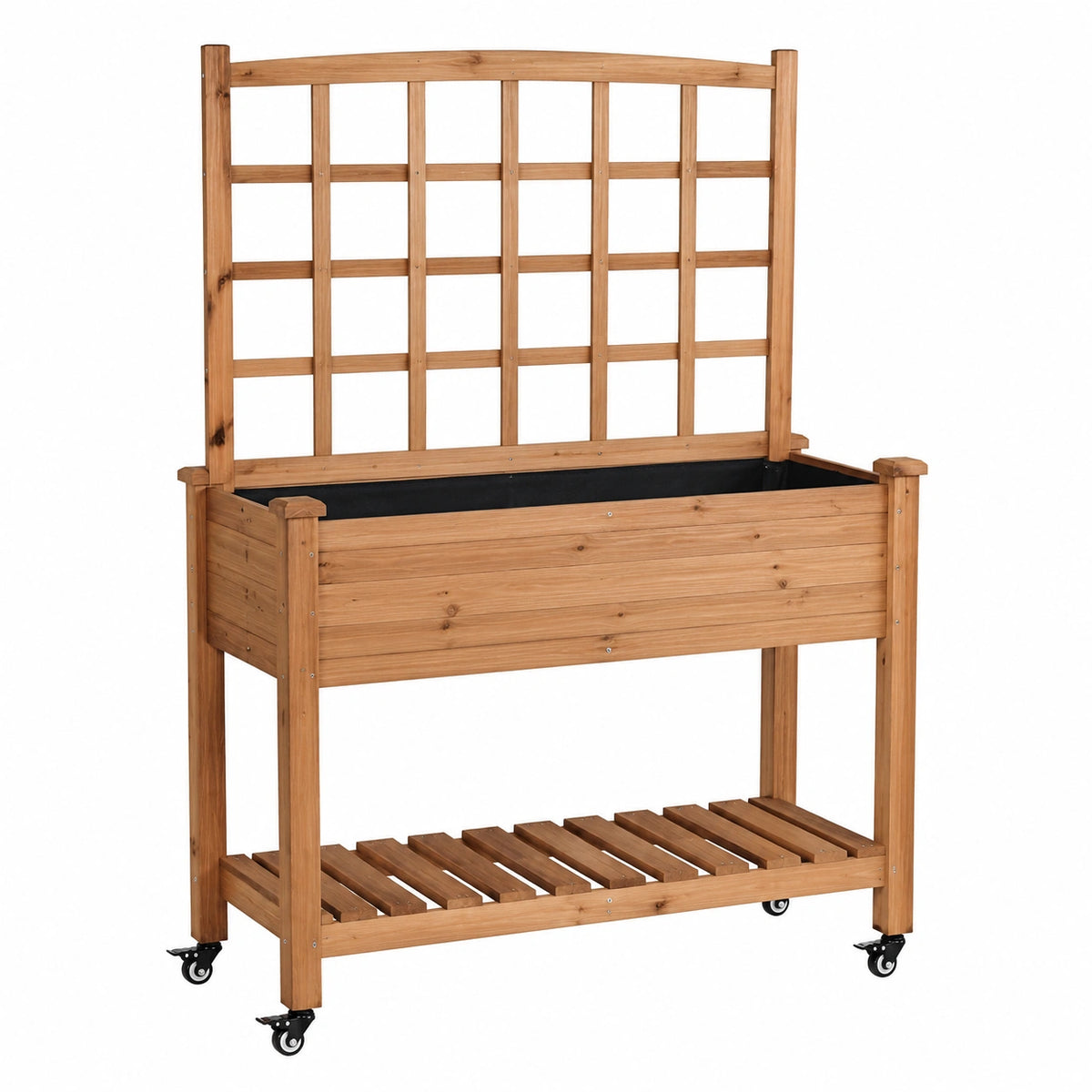 Jardinière surélevée 100 cm en bois marron avec treillis roulettes et étagère