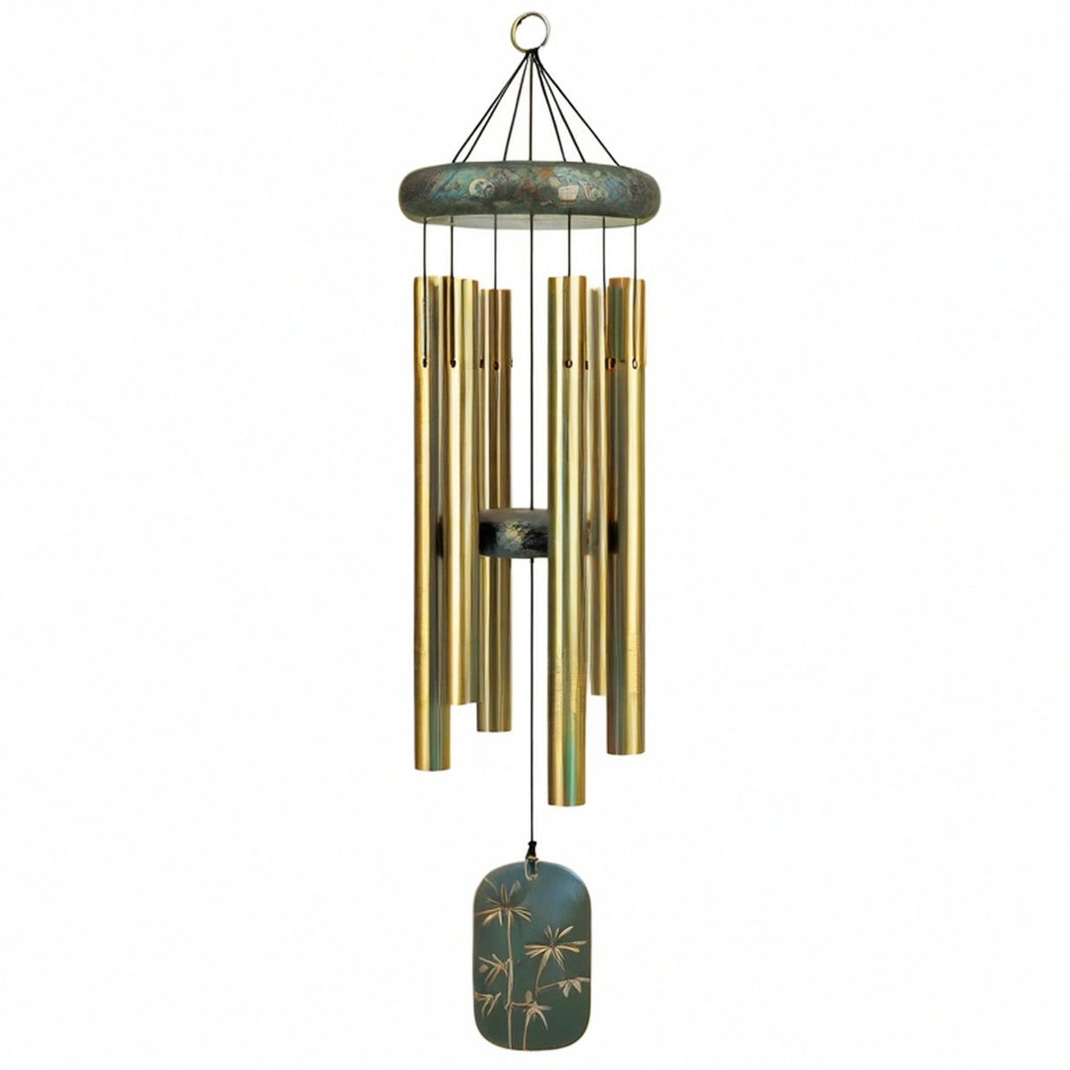 Carillon à vent 100 cm en métal vert foncé et doré à suspendre décor floral