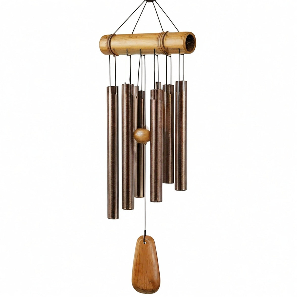 Carillon éolien 80 cm en métal et bois brun style rustique suspendu