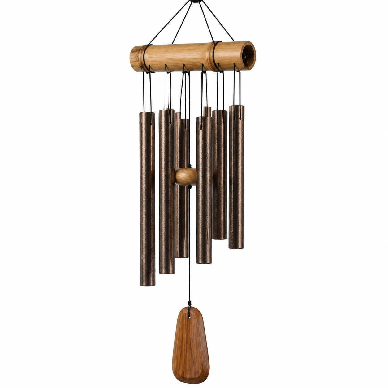 Carillon éolien 80 cm en métal et bois brun style rustique suspendu