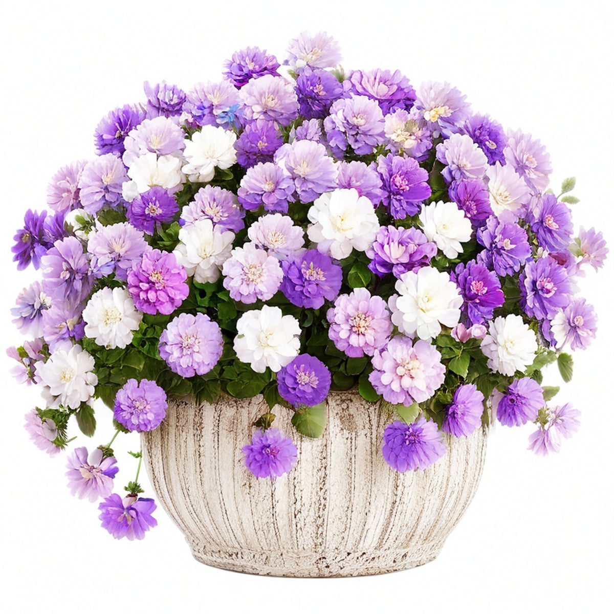 Plante artificielle en pot 45 cm fleurs violettes blanches feuillage vert décoration intérieure
