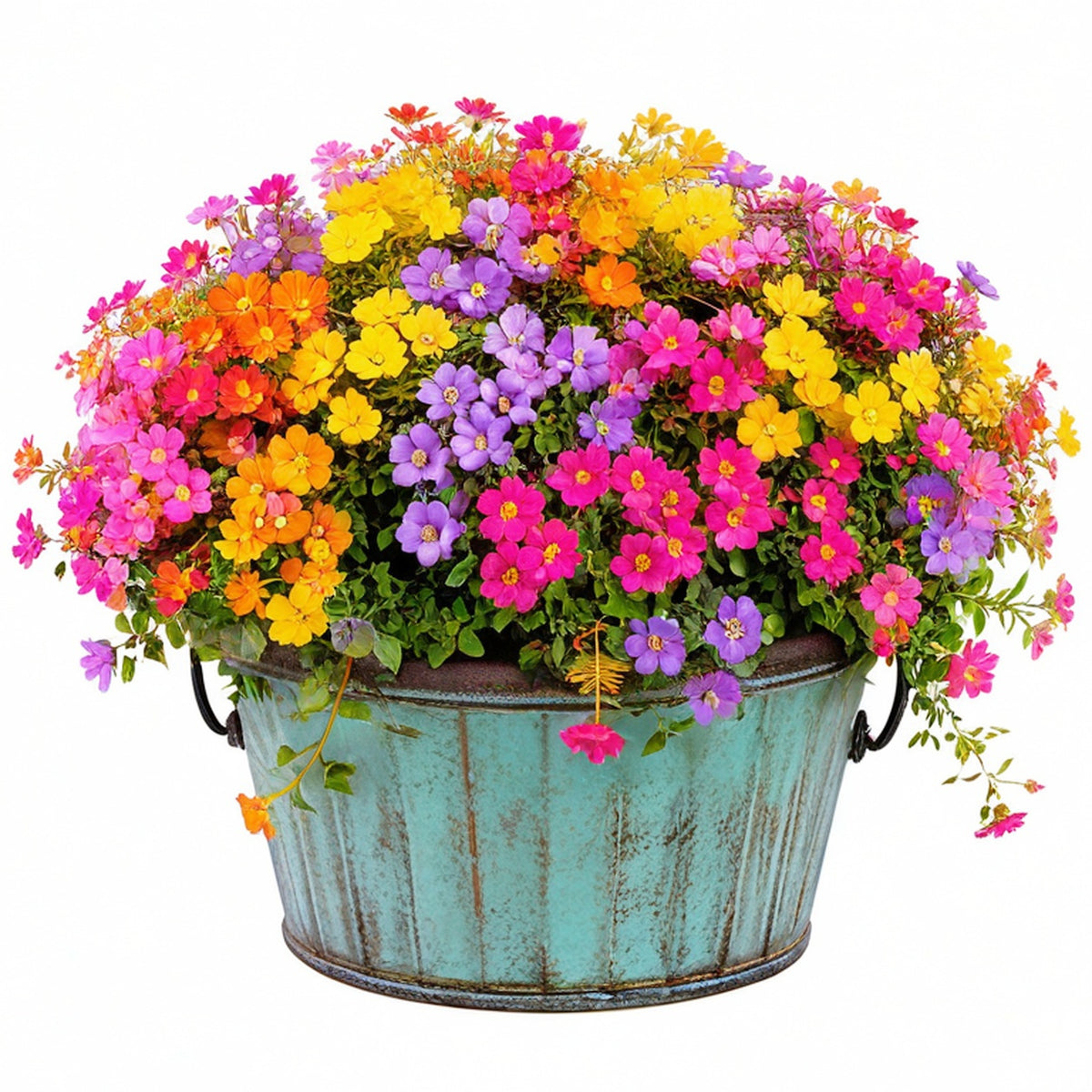 Plante artificielle en pot 45 cm fleurs multicolores pot en métal décoratif