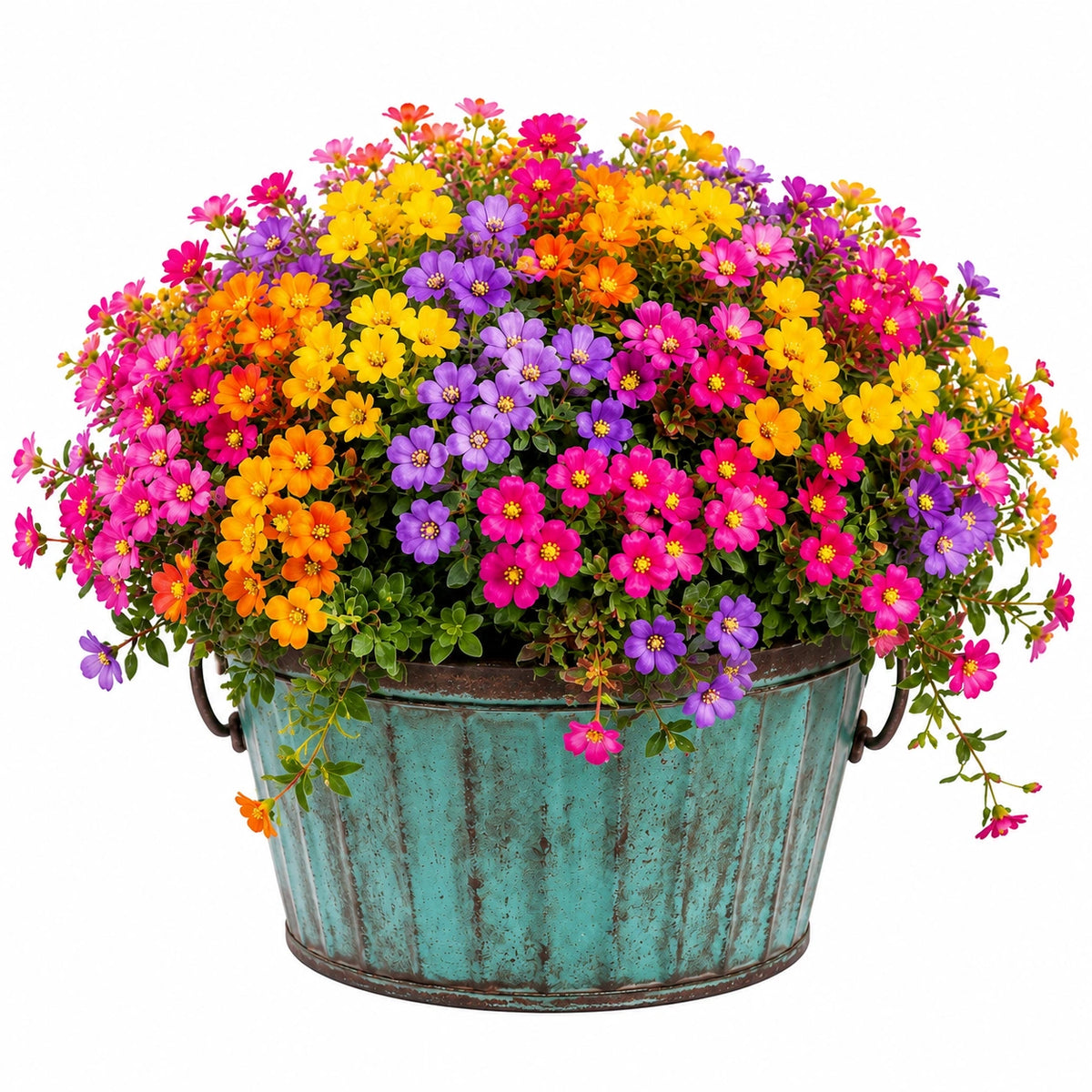 Plante artificielle en pot 45 cm fleurs multicolores pot en métal décoratif