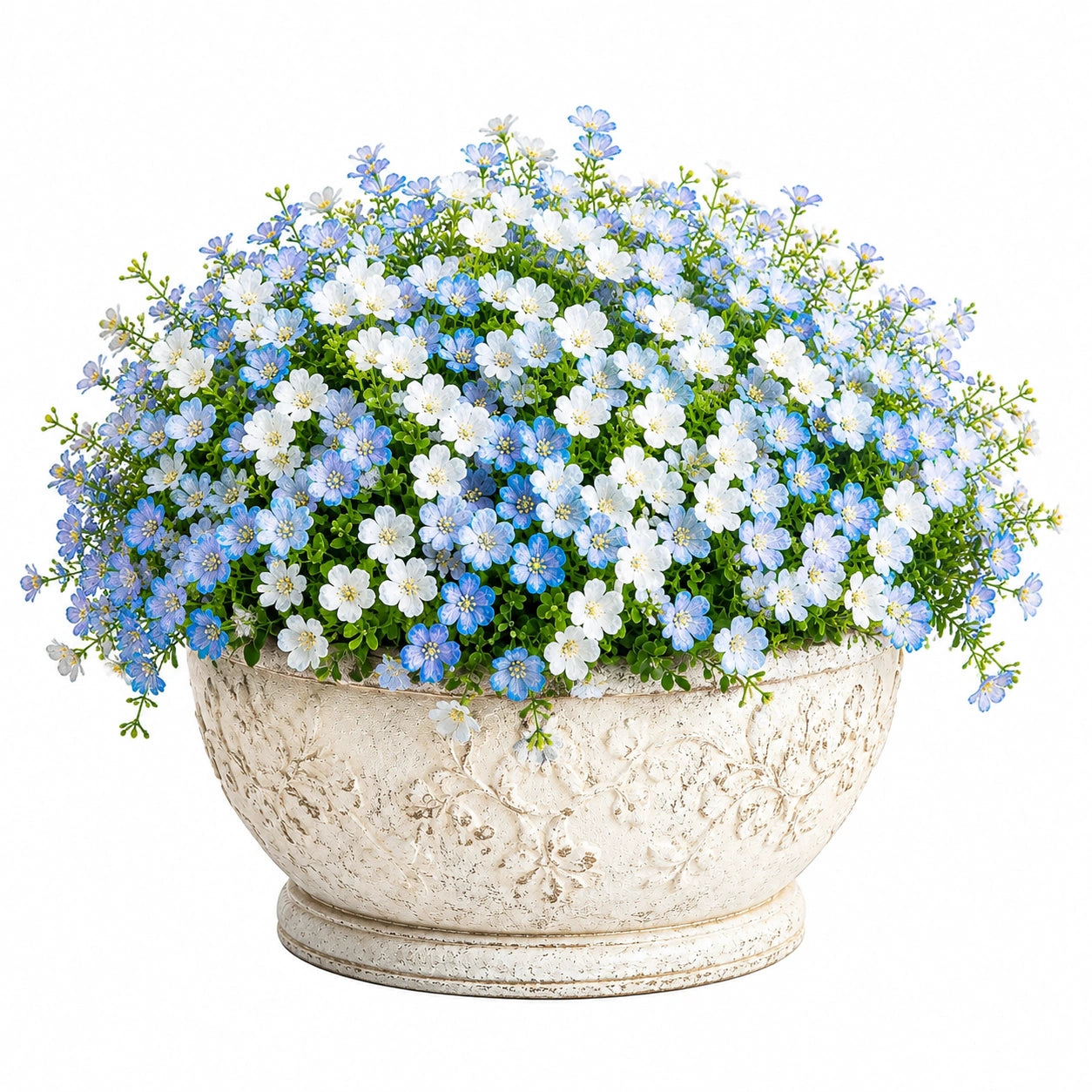 Plante artificielle en pot 30 cm fleurs textiles bleu blanc décoration intérieure