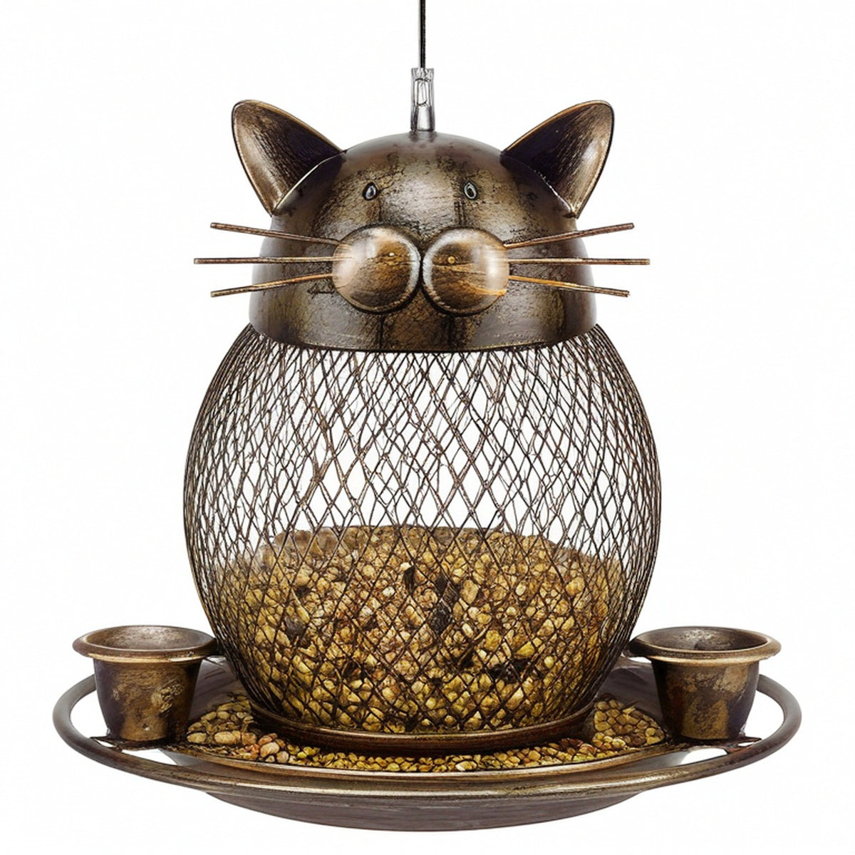 Mangeoire à oiseaux suspendue 28 x 38 cm en métal bronze motif chat pour jardin