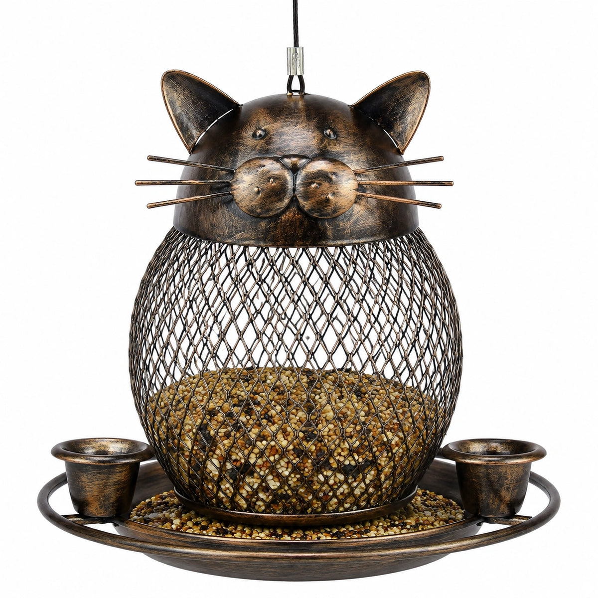 Mangeoire à oiseaux suspendue 28 x 38 cm en métal bronze motif chat pour jardin