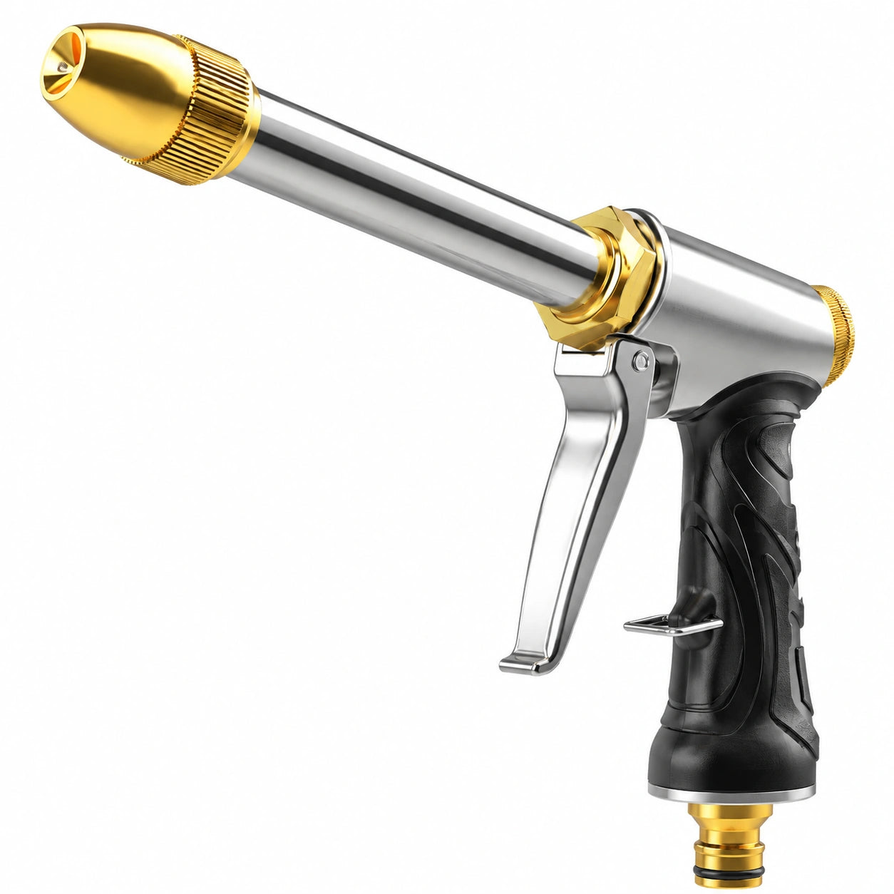 Pistolet d'arrosage 19 cm en métal argenté doré avec poignée antidérapante et jet réglable