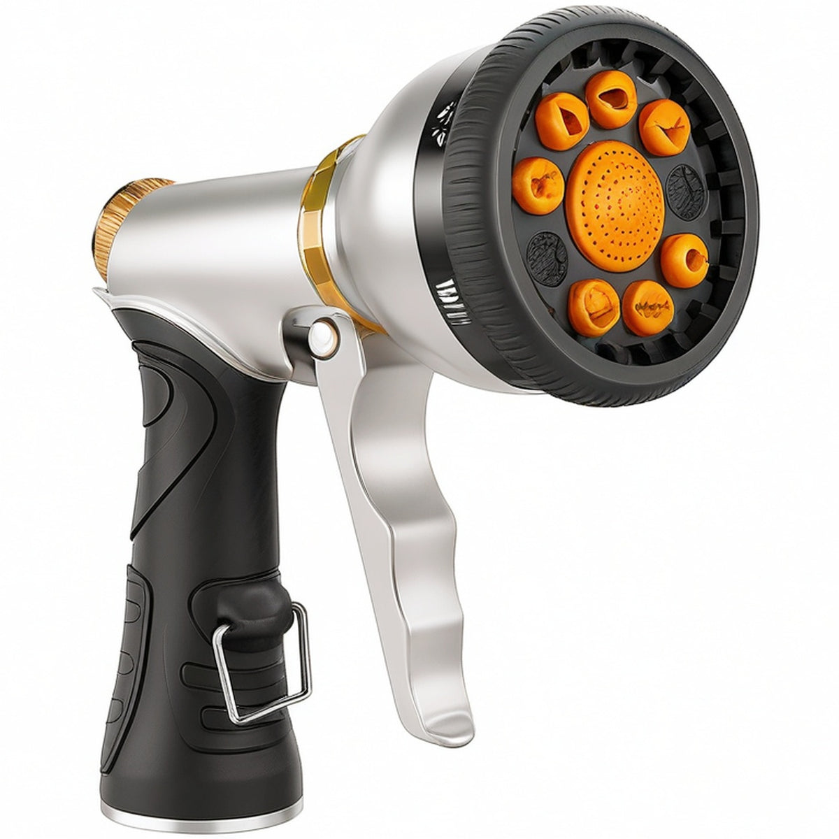Pistolet d'arrosage 20 x 16 cm en plastique et métal noir argenté orange à 8 jets réglables