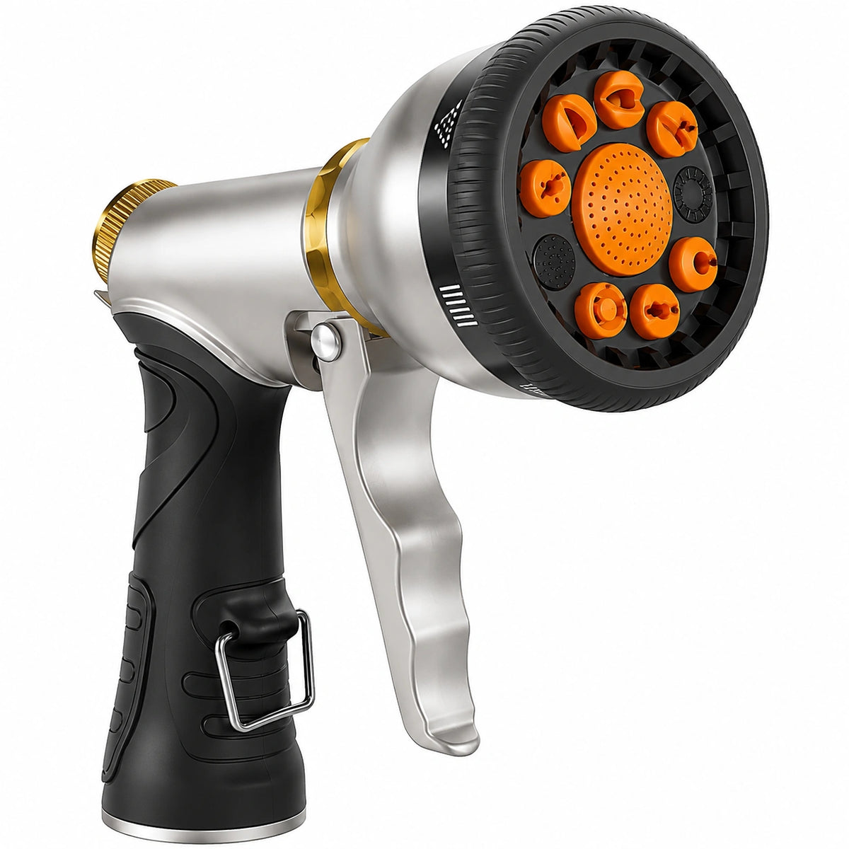 Pistolet d'arrosage 20 x 16 cm en plastique et métal noir argenté orange à 8 jets réglables